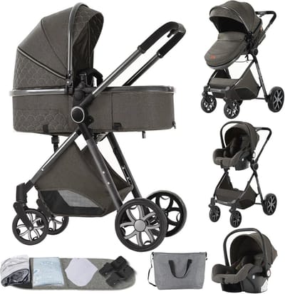 3-in-1 Kinderwagen met Opvouwbaar Ontwerp en Omkeerbare Duwstang