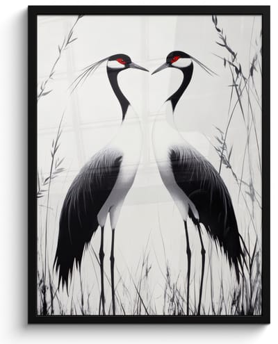 Poster in lijst - Fotolijst 50x70 cm - Posters - Kraanvogels - Gras - Hartvorm - Zwart - Posterlijst zwart - Decoratie - Wanddecoratie woonkamer - Muurdecoratie slaapkamer