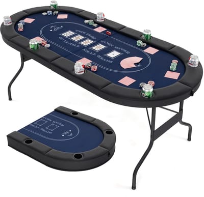 COSTWAY Inklapbare pokertafel voor 8 spelers, speeltafel met bekerhouders en gevoerde armsteun, casino pokertafel voor Blackjack, Texas Hold'em (blauw)