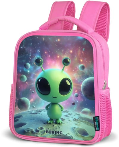 NoBoringSuitcases.com® - Rugzak roze - Schooltas meisjes - Groen buitenaards wezentje op maanlandschap - Kinder rugtas meisje - Boekentas kind - Kinderrugzak voor school - Schoolrugzak