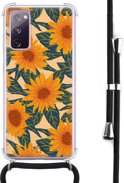 Hoesje met koord geschikt voor Samsung Galaxy S20 FE - Zonnebloemen - Inclusief koord - Crossbody beschermhoes - Transparant, Oranje - Mooie Telefoonhoesjes