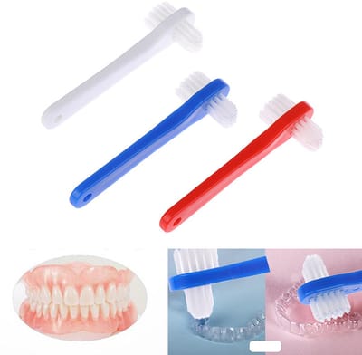 Set van 3 gebitsreinigingsborstels - Protheseborstel - Tandenborstel - Dubbelzijdige tandenborstels - Reinigingshulpmiddelen - Ontkalkingsborstels - Voor gebitsverzorging - Kunststof - Blauw/Wit/Rood