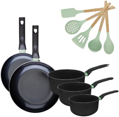 Fackelmann 9204350 Set van 2 RVS Pannen 24/28 cm en 3 RVS Kookpotten 16/18/20 cm Collectie Brandao Zonder PFAS met 5 Ocean Keukengerei