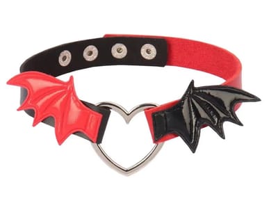 Punk hart - Choker - choker ketting dames - gothic - Rood/zwart met vleugels - 40 cm - 1 stuks