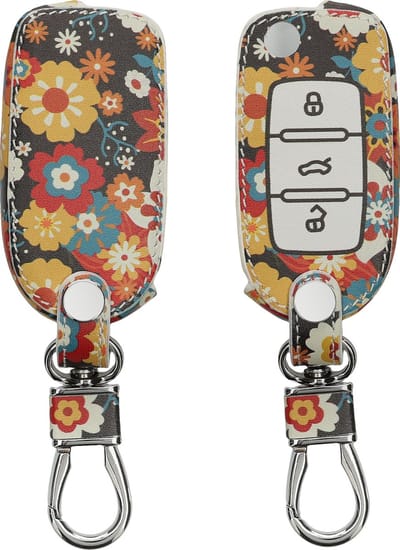 kwmobile autosleutel hoesje geschikt voor VW Skoda Seat 3-knops autosleutel - Autosleutel behuizing - Case in oranje / rood / wit - Vintage bloemenmotief design