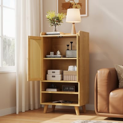 Sideboard - B60xD40xH121 - Rattan 2 Deuren 2 Open Vakken - Hoogkast Voor Woonkamer Of Keuken - Hout/Rattan - Naturel