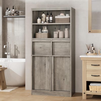 Hoge Badkamerkast / Vrijstaande Opbergkast - Met 2 Lades, Deurtjes & Open Vakken - Multifunctioneel Houten Meubel - 60x30x130 cm - Grijs
