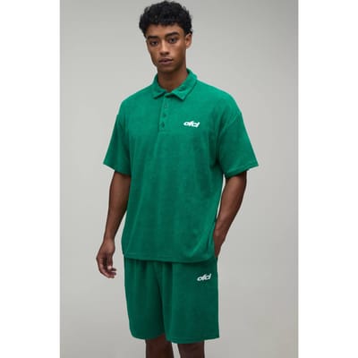 Oversized Towelling Polo & Baggy Short Set | Dark Green | Size XS