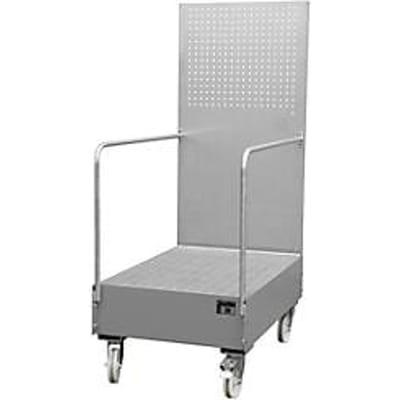 Verrijdbare lekbak met geperforeerde plaatwand, van staal, capaciteit 2 x 200 liter vaten, grijs gelakt