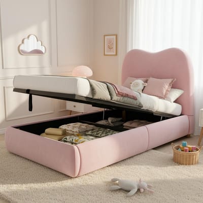 MODENUIT Kinderbed 90x200 cm – Gestoffeerd Bed met Hydraulische Opbergruimte – Lattenbodem – Zonder matras – Fluweel – Roze