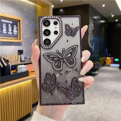 Voor Samsung Galaxy S25 Ultra Luxe Glitter Strass Vlinder Plating Frame Voor Samsung S23 FE S24 S25 Plus Beschermhoes Galaxy S24 gray