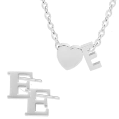 Initiaal Ketting & Oorbellen set met Letter E ZIlverkleurig - Stainless Steel - Met letter & Hartje! - 2x Sieraden Cadeau - Pax Amare