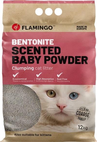 Flamingo Kattenbakvulling Bentoniet met Babypoeder – Grove Korrels, Klonterend, 12 KG voor 10 Weken, Super Absorberend, Stofarm, Heerlijke Babypoedergeur – Uit Europa