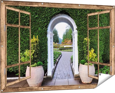 Gards Tuinposter Doorkijk Doorkijk met Potten - 150x100 cm - Tuindoek - Tuindecoratie - Wanddecoratie buiten - Tuinschilderij