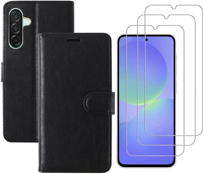 Hoesje geschikt voor Samsung Galaxy A36 bookcase Zwart - Met screenprotector tempered glass Galaxy A36 - 3x