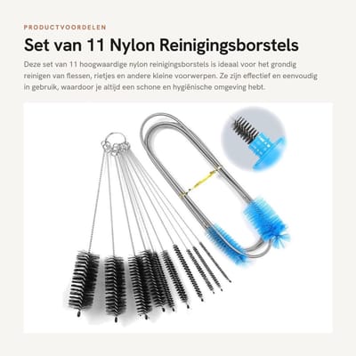 Dailygoods- Reinigingsborstel 11 stuks - Dubbelzijdige Flexibele Buisborstel - Nylon Rietjesborstel - Afvoerborstel - Roestvrij Staal - Zachte Borstels - Borstelset