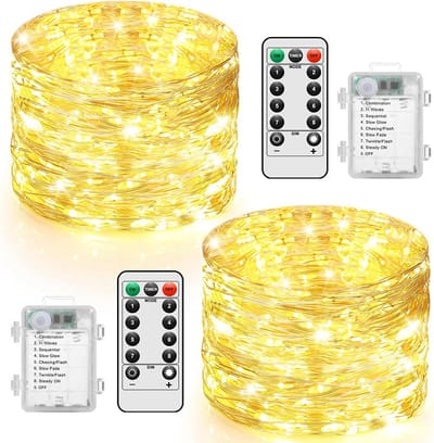 SnelShoppen - Pack van 2 Buiten Fairy Lights 10m 100 LED Batterijverlichting Waterdicht met Timer en Afstandsbediening voor Kerst, Tuin, Bruiloft en F