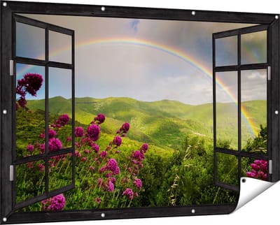 Gards Tuinposter Doorkijk Regenboog in de Heuvel Bossen - 150x100 cm - Tuindoek - Tuindecoratie - Wanddecoratie buiten - Tuinschilderij
