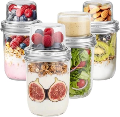 Verte Overnight Oats Potjes - Glazen voor Overnight Oats - Ontbijtbeker voor Onderweg - Yoghurtbeker met Dubbelwandig Ontwerp - Scheiding Tussen Droge en Natte Ingrediënten - Mueslimok voor Onderweg - 4-Delige Set - 480 ml + 120 ml
