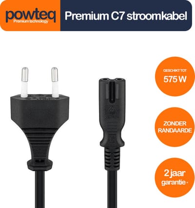 Powteq - 50 cm premium stroomkabel - Eurostekker naar C7 - Zwart - Tot 2.5 ampère