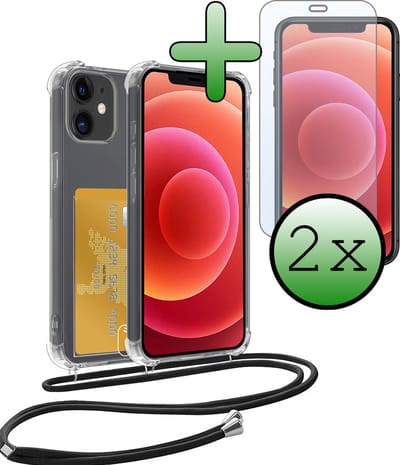 Hoes Geschikt voor iPhone 12 Hoesje Pas Houder Shock Proof Case Hoes Met Koord Met 2x Screenprotector - Hoesje Geschikt voor iPhone 12 Hoes Met Telefoonkoord Pasjeshouder Cover - Transparant