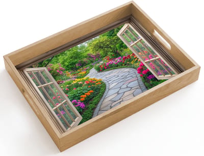Dienblad hout 40x30 cm - Schootdienblad - Doorkijk - Bloemen - Tuinpad - Natuur - Raam - Borrelplank rechthoek - Plateau dienbladen