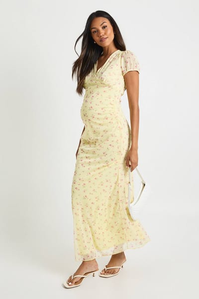 boohoo Dames Zwangerschaps mesh ditsy midaxi jurk | Citroen | Maat: 40