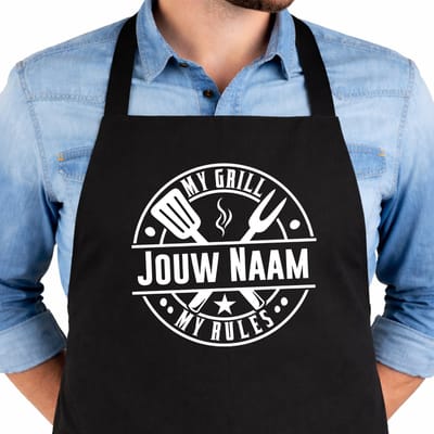 Keukenschort My Rules - Gepersonaliseerd Met Jouw Naam - 65x90cm - 100% katoen - Schort - Keukenschorten - Verjaardags cadeau - BBQ - Vaderdag - Moederdag cadeau