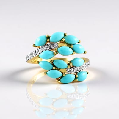Cavill - Vergulde 925 Sterling Zilveren Ring - 12 Sleeping Beauty Turkoois 1,94 ct - Elegante Marquise Cabochon Turkoois Ring met Zirkonia Accenten