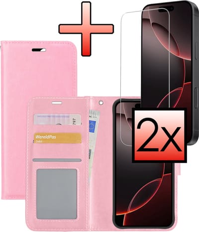 Hoesje - Met 2x Screenprotector - Geschikt voor Apple iPhone 16 Pro - Luxe Pasjeshouder - Bookcase Portemonee - Flip Case - Kunstleer Book Case - Flipcase Hoes - Book Cover - Walletcase - Portemonneehoes - Lichtroze