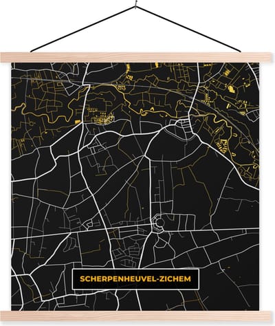 Posterhanger incl. Poster 40x40 cm - Schoolplaat - Plattegrond - Kaart - Scherpenheuvel-Zichem - Stadskaart - Goud - Textielposter - Blanke latten - Stadskaart