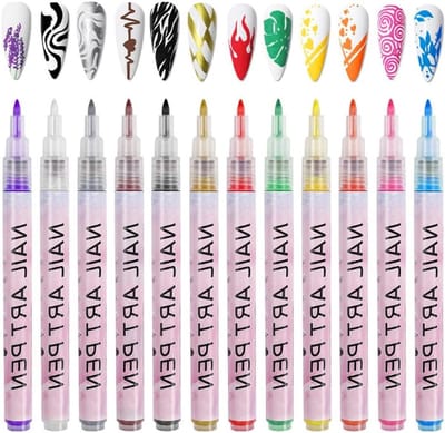 Set van 12 nagellakstiften - Tekenstiften voor nail art - Tekenstiften voor nail art - DIY lijntekenstiften voor nail art - Waterdicht en sneldrogend - Gemakkelijk in gebruik - Geschikt voor nail art, thuis en op reis