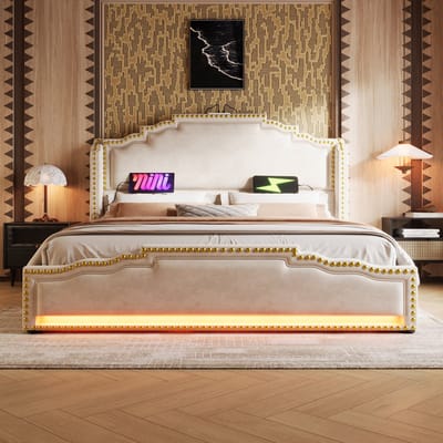 SINGULARITY-Gestoffeerd bed 140x200- tweepersoonsbed met 4 lades- ledverlichting en USB-C-oplaadpoort- beige- zonder matras