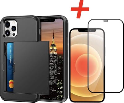 Pasjeshouder geschikt voor Apple iPhone 13 Pro - Zwart - met Glazen Screenprotector