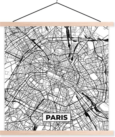Posterhanger incl. Poster 40x40 cm - Schoolplaat - Parijs - Frankrijk - Plattegrond - Paris - Stadskaart - Kaart - Zwart wit - Textielposter - Blanke latten - Stadskaart