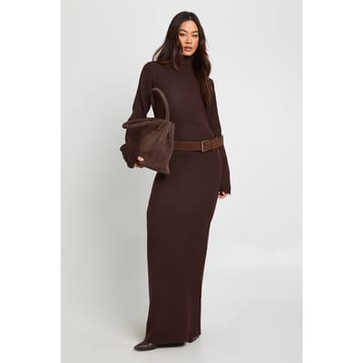 boohoo Dames Hoge rolhals superzachte gebreide maxi-jurk | Chocoladebruin | Maat: Small
