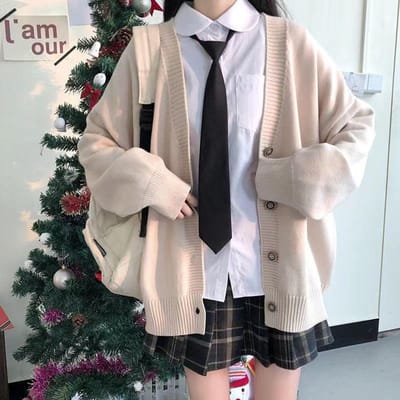 Japanse College Losse V-hals Cardigan Trui Vrouwelijke Buitenkleding Trui Jas Japans Schooluniform Gebreide Cardigan L beige