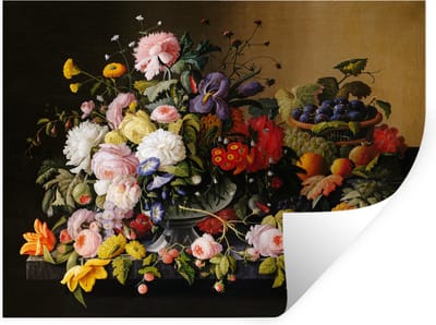 Muurstickers - Sticker Folie - Stilleven met bloemen en fruit - Kunstwerk - Oude meesters - 40x30 cm - Plakfolie - Muurstickers Kinderkamer - Zelfklevend Behang - Zelfklevend behangpapier - Stickerfolie