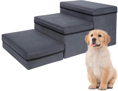 Opvouwbare hondentrap 3 treden voor kleine honden met opbergruimte - Grijs, belastbaar tot 30 kg