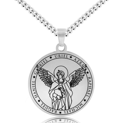 Beschermengel Uriël Ketting Zilverkleurig - Aartsengel Talisman / Medalion - Engelen Hanger - 60cm
