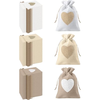 QTTVBTNA - Linnen trekkoorden zakjes - opbergzakjes voor cadeaus en sieraden - herbruikbaar - met hartvormig patroon - 10x14cm - 3 kleuren - 24 stuks