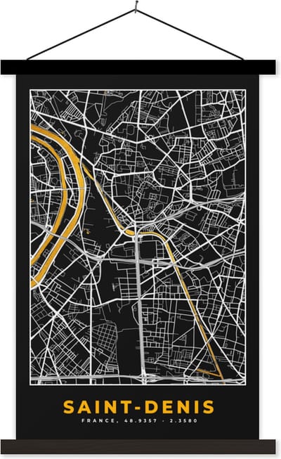 Posterhanger incl. Poster 40x60 cm - Schoolplaat - Frankrijk – Plattegrond – Kaart – Saint-Denis – Stadskaart - Textielposter - Zwarte latten - Stadskaart