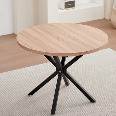 Nordic Industriële Ronde Eettafel 100 cm – Scandinavische Design Eettafel voor 4-6 Personen met MDF Tafelblad en Zwart Metalen Kruispoot Onderstel – Lichtbruin – Ø100 x 76 cm