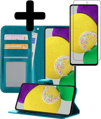 Hoesje - Met Screenprotector - Geschikt voor Samsung Galaxy A52s 5G - Luxe Pasjeshouder - Bookcase Portemonee - Flip Case - Kunstleer Book Case - Flipcase - Book Cover - Walletcase - Portemonneehoes - Telefoonhoesjes - Turquoise