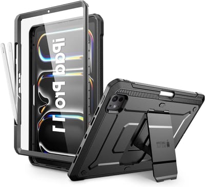 Robuuste full-body hoes voor iPad Pro 11 Inch M4 2024 met ingebouwde schermbeschermer, standaard en pencilhouder, Zwart