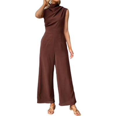 Dames Zomer Jumpsuit Halfhoge Kraag Mouwloos Wijde Pijp Geplooid Effen Kleur OL Pendelen Dagelijks Gebruik Lange Jumpsuit S bruin