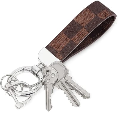 Luxe Dames Sleutelhanger Met Geblokt Patroon I Auto Sleutelhouder I Met Meerdere Sleutelringen I Staal & PU Leer I Zwart/Bruin