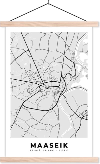 Posterhanger incl. Poster 40x60 cm - Schoolplaat - België – Maaseik – Stadskaart – Kaart – Zwart Wit – Plattegrond - Textielposter - Blanke latten - Stadskaart