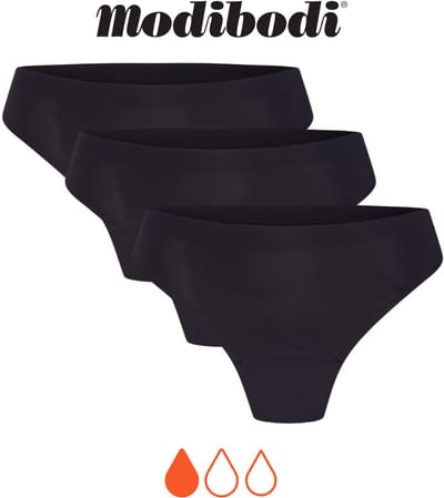 Modibodi Menstruatie Ondergoed Licht Absorberend Dames Naadloze String 3 Pack Zwart 38