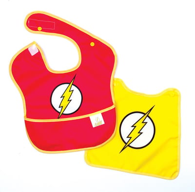 Bumkins DC Comics The Flash Caped SuperBib - Waterdichte Slab met Cape en Opvangbakje - Superheld Slabbetje voor Baby en Peuter - Eetslab en Knoeislab - Met Klittenband - Machinewasbaar - Rood Geel - Cadeau - 6-24 maanden